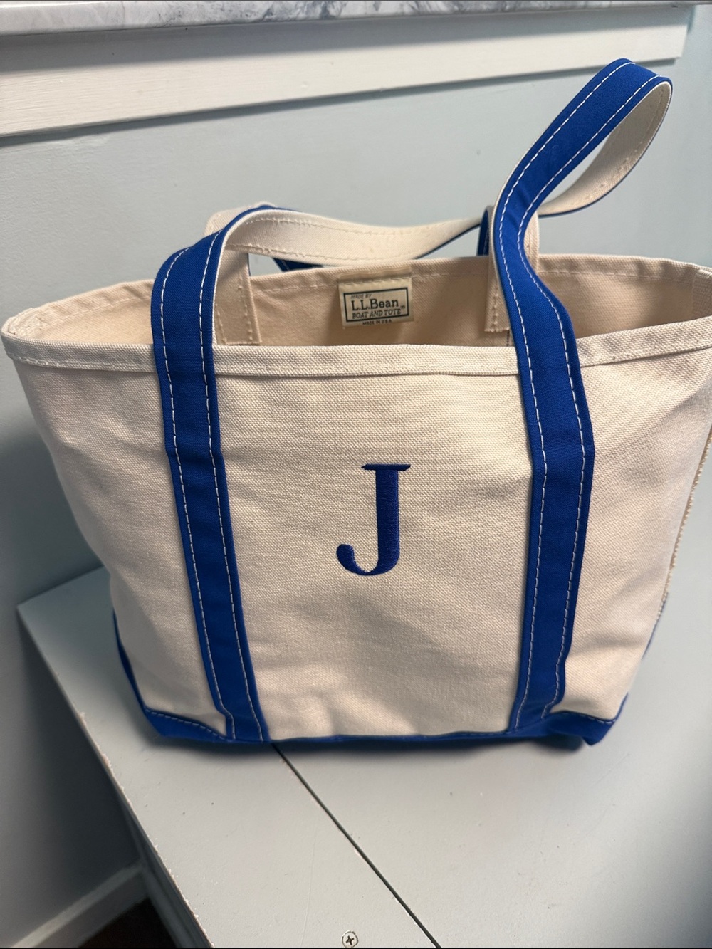New w/o tag LL Bean Cream Canvas Boat & Tote with Royal Blue Trim and Monogram J
